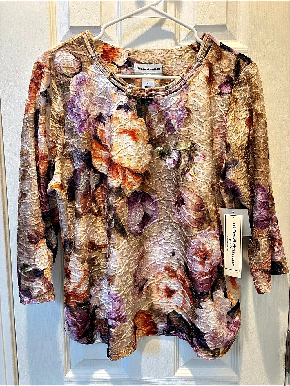 Alfred Dunner Classics F5 Textured Floral Top Brown & Purple petite Large